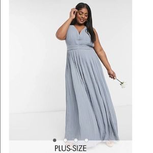 ASOS TFNC plus bridesmaid pleated dusty blue maxi